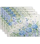 Wnoesat Blue Hydrangea Placemats Set of 4 Spring Summer Floral Green Leaf Bird Table Mat 12x18 In...