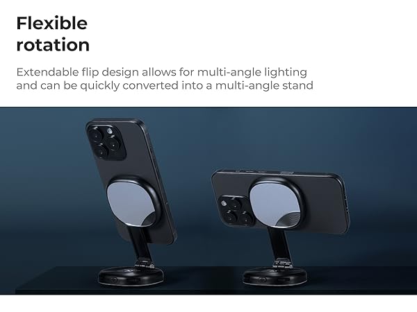 Text reads 'Flexible rotation' and 'Extendable flip design allows for multi-angle lighting and can be quickly converted into a multi-angle stand'. Product demonstration images showing adjustable lighting features.