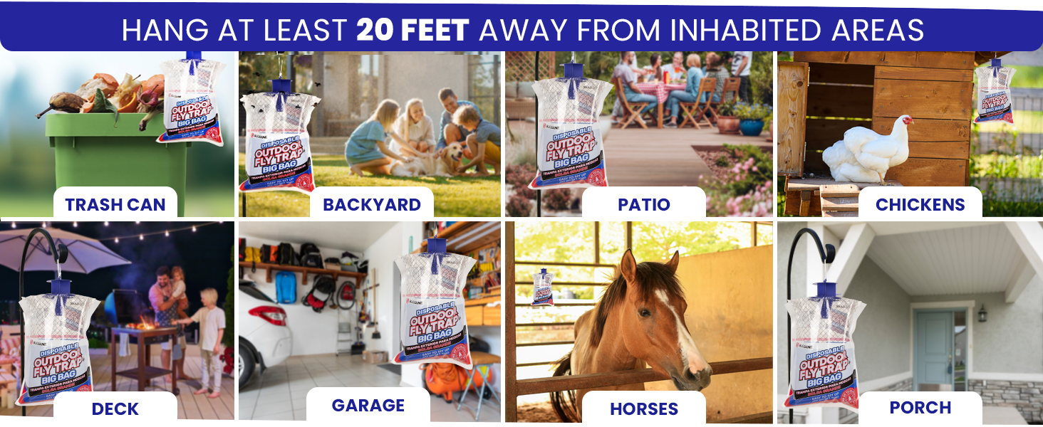 Hang each fly bags outdoor disposable large at least 20 feet from inhabited areas to keep flies away
