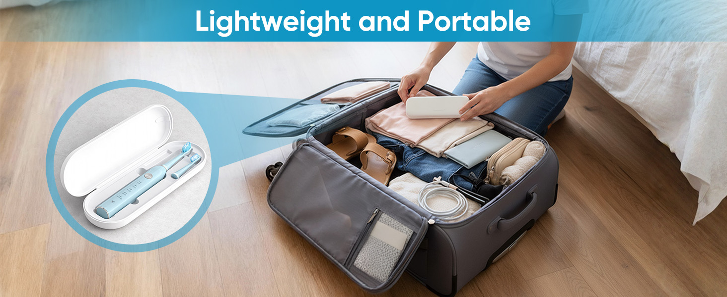 Text reads 'Lightweight and Portable'. Shows gray travel organizer bag with compartments, demonstrated with packed clothing and circular inset showing detail.