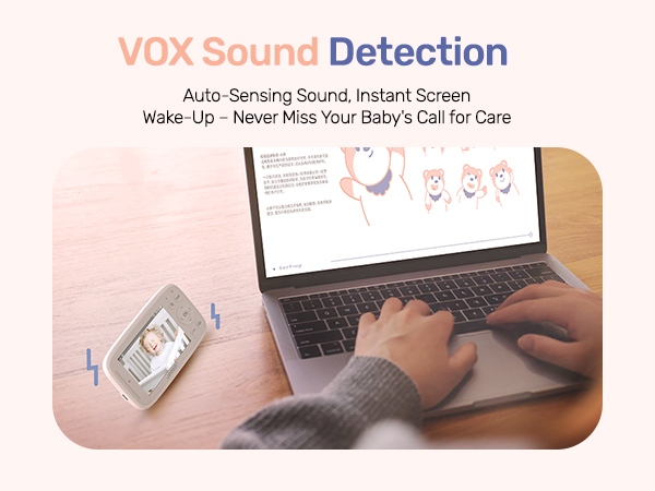 Text reads 'VOX Sound Detection' and 'Auto-Sensing Sound Instant Screen Wake Up - Never Miss Your Baby's Call for Care'. Laptop displaying baby monitoring interface.