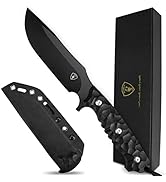 AUBEY Outdoor Survival Knife, 10.6" Fixed Blade Hunting Knife, Sharp D2 Black Titanium Coated Bla...