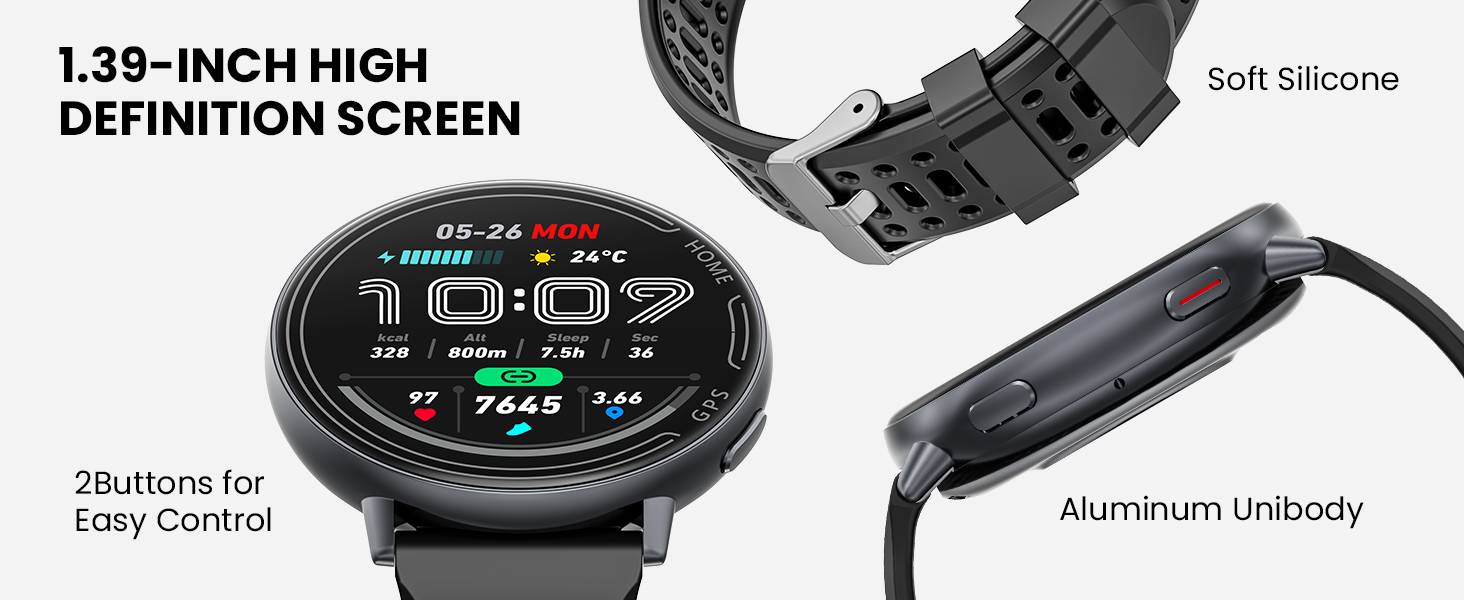 Text reads 'DEFINITION SCREEN', '1.39-INCH HIGH'. Digital watch display with aluminum unibody construction and 2 buttons for control, showing interface elements.