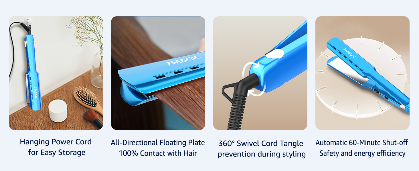 7MAGIC Hair Straightener with Floating Plate, 360° Swivel Cord &amp;amp; Auto Shut-Off Safety