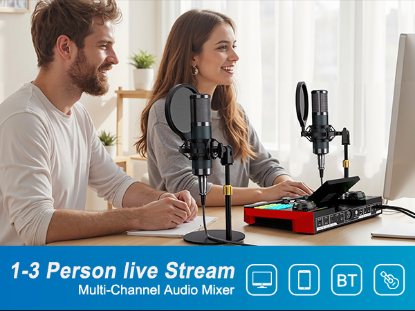 Text reads '1-3 Person live Stream' and 'Multi-Channel Audio Mixer'. People using streaming setup with microphone and mixing equipment in home office setting.
