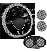 Checkered Steering Wheel Cover with 2PCS Car Cup Coasters,Anti-Slip Car Steering Wheel Cover for ...