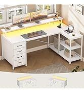 SEDETA L Shaped Desk with 4 Drawers and Storage Shelves, L Shaped Gaming Desk with LED Lights &amp; P...