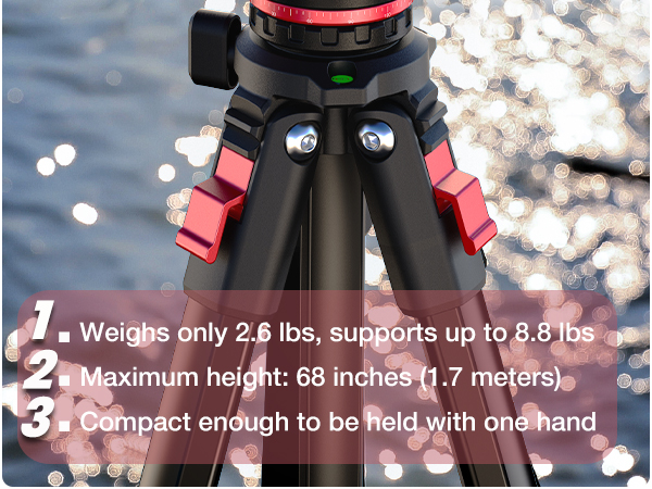 Ball head tripod, maximum height: 68 inches (1.7 meters).