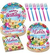Aloha Birthday Party Tableware Supplies, 96PCS Hawaiian Luau Paper Plates and Napkins Forks for S...