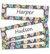 AnyDesign 36 Pcs Back to School Smile Name Tag Stickers Nameplates Speckled Composition Happy Fac...