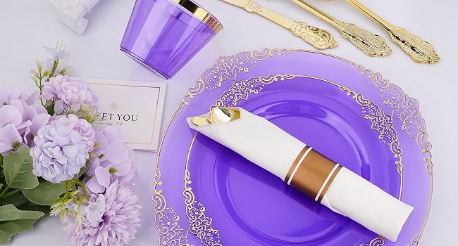 Purple and gold dinnerware set