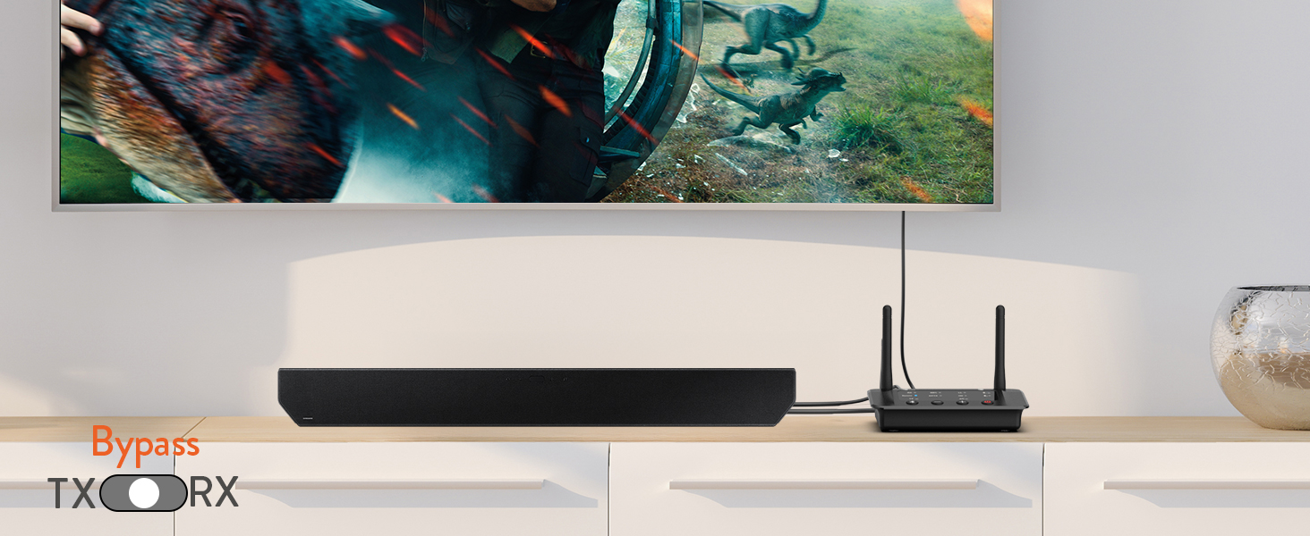 Home entertainment setup with a soundbar and wireless router on a white shelf.