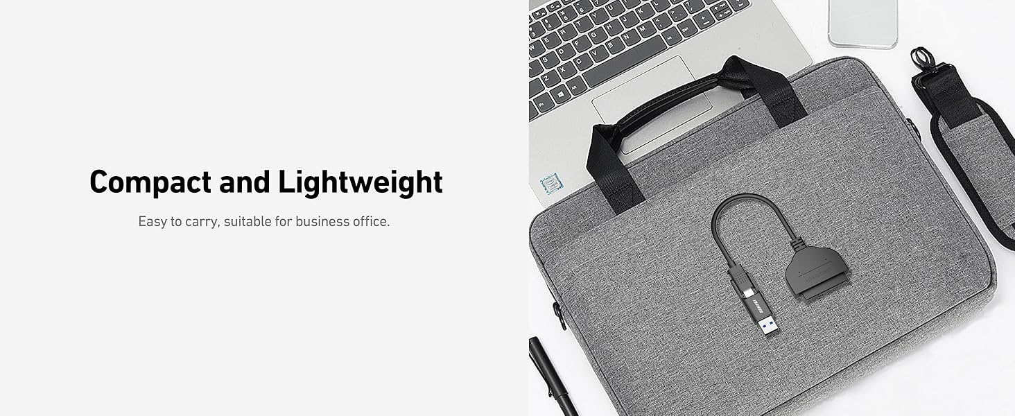 Gray laptop bag with handles and strap, shown with accessories including a small cable and laptop. Text reads 'Compact and Lightweight'.