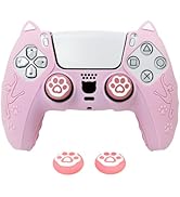 HLRAO Pink Cat Ear PS5 Controller Cover - Cute Silicone Skin with Cat &amp; Paw Prints + 2 Matching C...