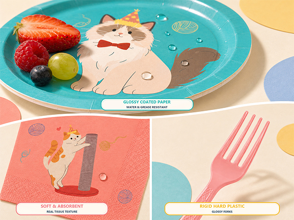 96PCS Cute Cat Party Plates and Napkins for Party Supplies