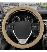 BDK Genuine Beige Leather Steering Wheel Cover for Car, Small 13.5-14 inch – Ergonomic Comfort Gr...