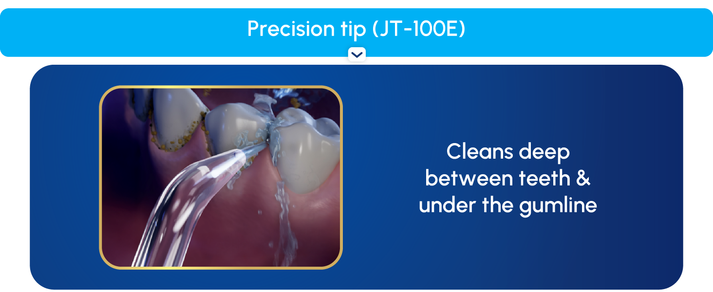 Image of Precision flossing tip with text reading cleans deep between teeth and under gumline.