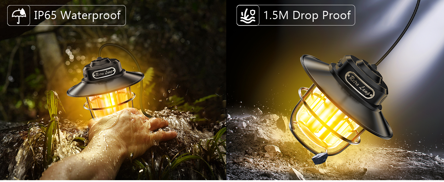 Rugged outdoor LED lantern with IP65 waterproof rating and 1.5M drop-proof durability. Shown submerged in water and splashing, emitting bright yellow light.