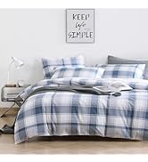 LEMIROE Vintage Cotton Comforter Queen Size 3Pcs - Classic Tartan Plaid Pattern with Denim Blue, ...
