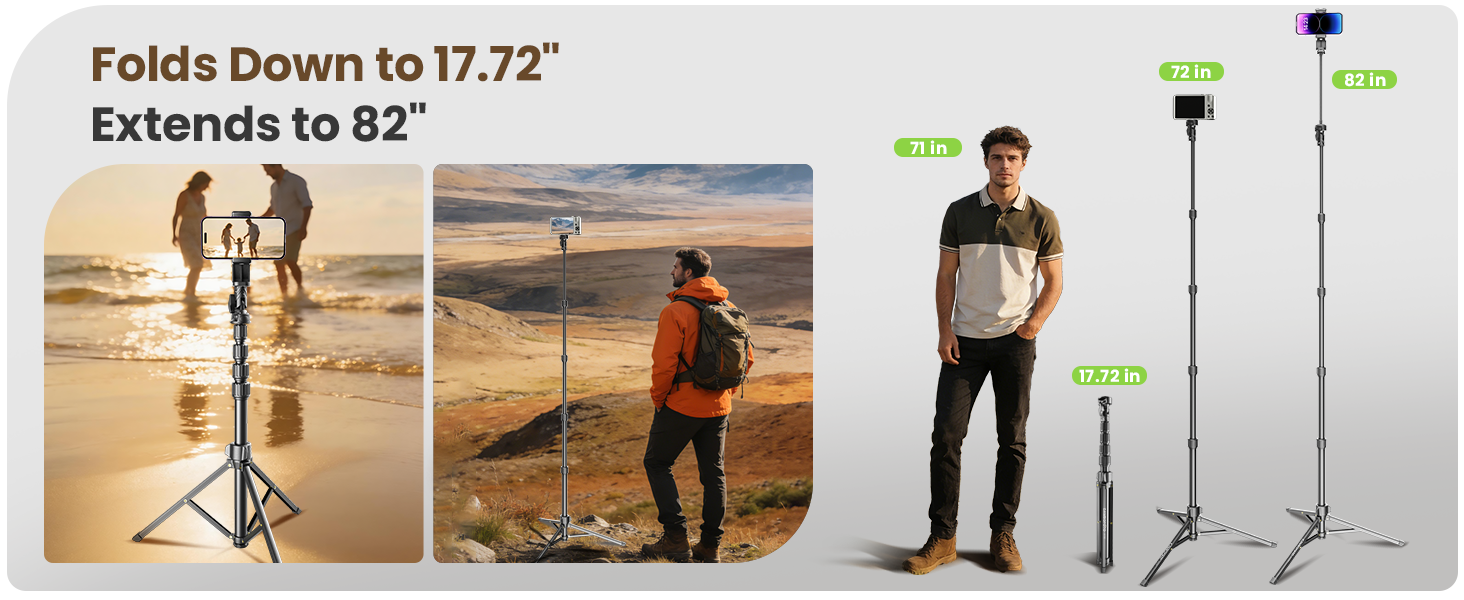 Extends up to 82 inches, folds down to just 17.72 inches for easy travel portability.