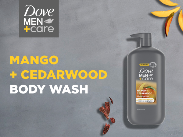 Image of Dove Men+Care Mango &amp; Cedarwood Body Wash next to actual ingredients.
