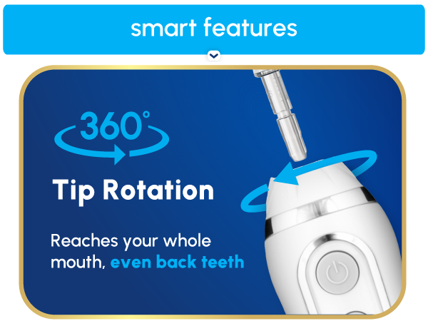 Image of Waterpik tooth flosser tip with text reading three hundred sixty tip rotation.