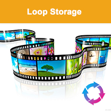 Digital storage concept showing curved film strip design with blue tinted frames and circular rainbow-colored logo.