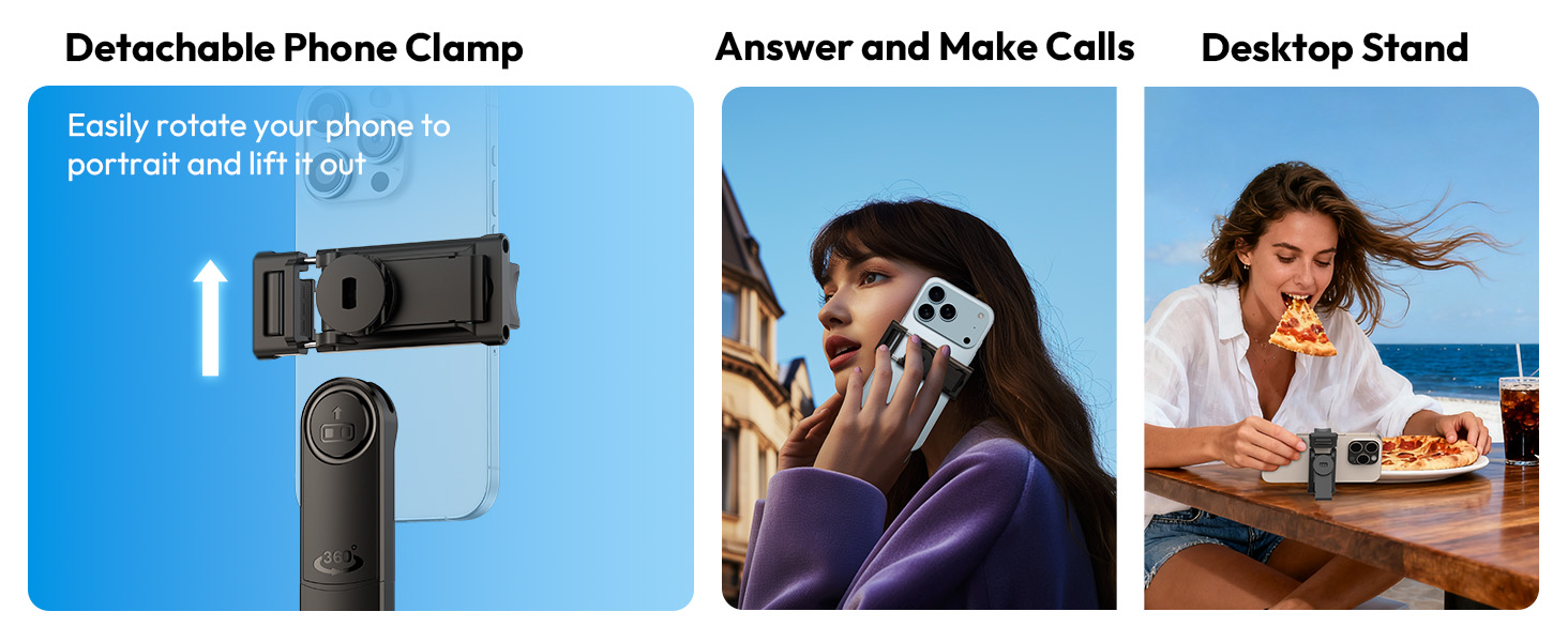 Text reads 'Detachable Phone Clamp', 'Answer and Make Calls', 'Desktop Stand'. Product demonstration images showing phone mounting system and usage scenarios.
