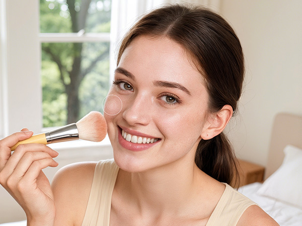 Woman with dark hair smiling while holding makeup brush near cheek, demonstrating cosmetic application in bright indoor setting with window visible behind her.