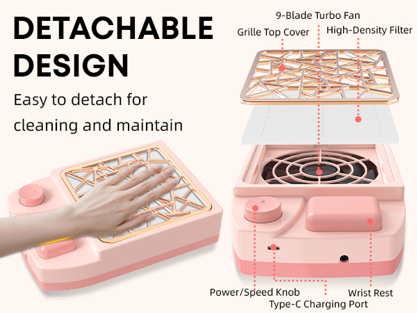 Rechargeable nail dust collector with detachable design
