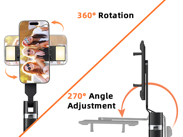 Text reads '360° Rotation' and 'Adjustment'. Series of diagrams showing phone holder mounting positions and adjustable angles with orange directional arrows indicating movement range.