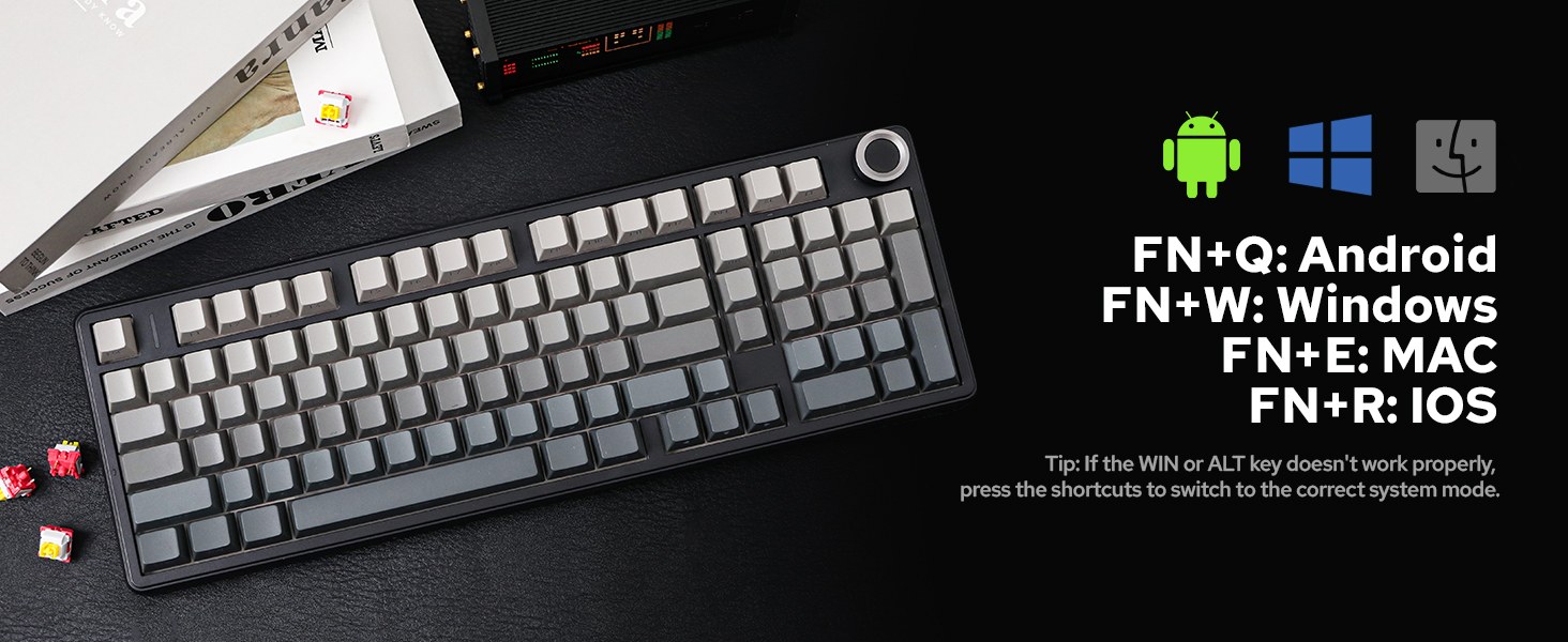 Text reads 'FN+Q: Android' 'FN+W: Windows' 'FN+E: MAC' 'FN+R: iOS' with additional function key information. Mechanical keyboard with gray and black keycaps, multi-device compatibility indicators displayed.