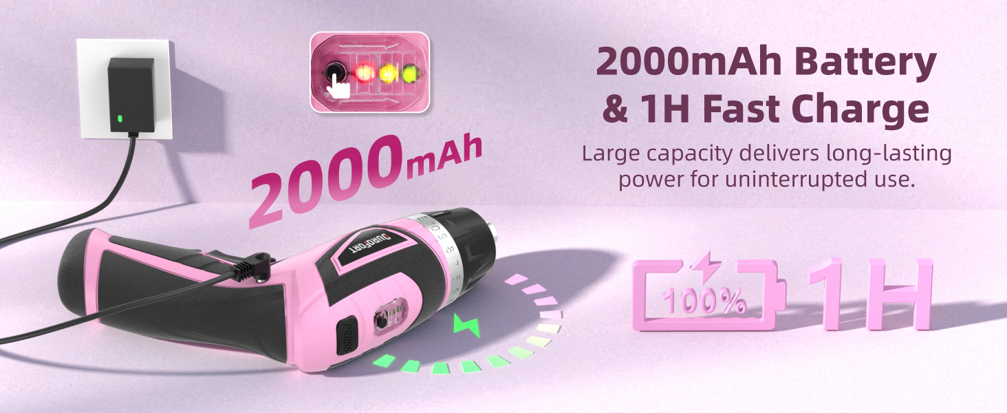 Pink portable battery charger with 2000mAh capacity and 1H fast charge. Features large text '2000mAh' and plugged into wall outlet.
