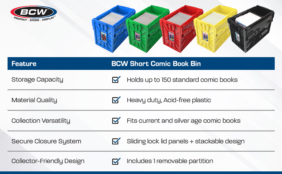 BCW Short Comic Book Bin holds up to 150 comics with durable, acid-free plastic construction.