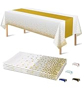 OHOME 4 Pack Disposable Plastic Table Cloths for Parties,White and Gold Rectangle Table Covers fo...