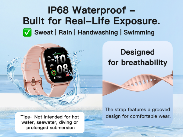 IP68 smartwatch for sweat, rain, wash, swim. Grooved strap. No hot water, sea, dive, submersion.