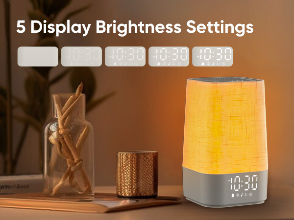 sound machine alarm clock display is dimmable with 5-level brightness, can be turned off totally