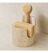 Natural Travertine Sponge Holder for Kitchen Sink – Solid Stone Cylinder Sponge Caddy with Dual-H...