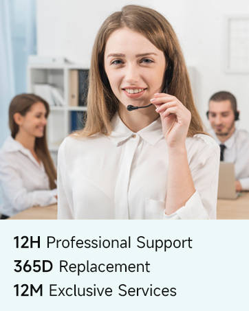 Customer service advertisement showing office setting with text overlay promoting 12H professional support, 365D replacement, and 12M exclusive services.