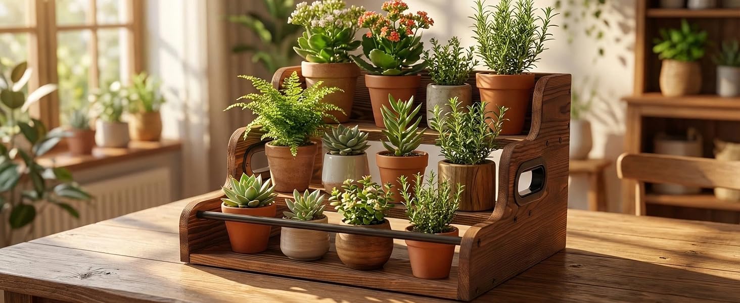 3 tier wooden plant display rack organizer