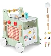 BABY JOY 6 in 1 Wooden Baby Walker, Toddler Pretend Play Kitchen Playset, Push and Pull Sit-to-St...