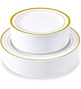 100 Piece Plastic Party Plates,Disposable Plastic Plates with Gold Rim, Include 10.25'' Disposabl...
