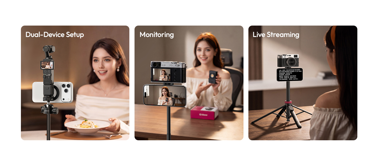 Text reads: 'Dual-Device Setup', 'Mandburg', 'Live Streaming'. Three panels showing woman using professional lighting equipment, microphone setup, and camera tripod for content creation.