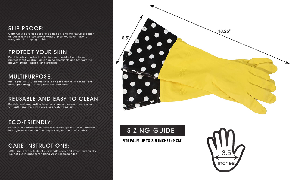 Glam gloves with list of features and measurements