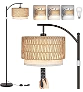 ROTTOGOON Rattan Floor Lamps for Living Room, Boho Standing Lamps with Rattan&amp; Linen Double Shade...