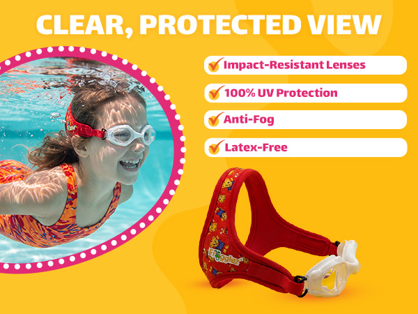 Girl swimming underwater with red anti-fog kids goggles for a clear view