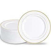 N9R 100PCS Gold Plastic Plates, 10.25 inch White Disposable Dinner Plate with Gold Rim, Heavy Dut...