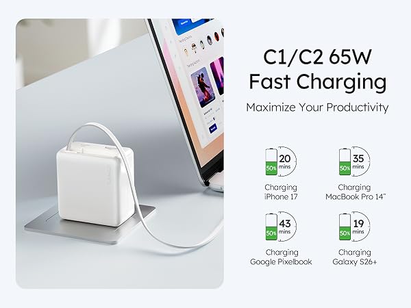 65W Retractable USB C Charger Block