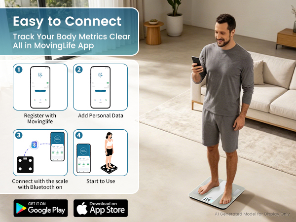 Easy to connect: Gain your complete body metrics via MovingLife app on Google Play and App Store