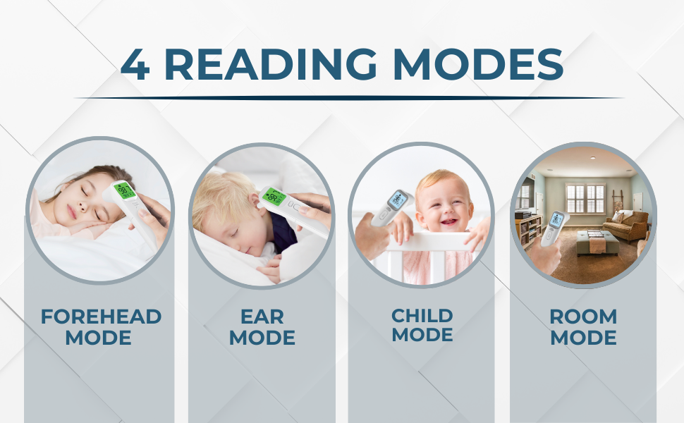 4 reading modes, forehead mode, ear mode, room mode, Adult and child mode